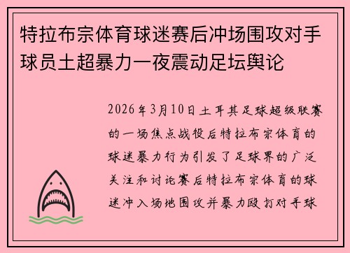 特拉布宗体育球迷赛后冲场围攻对手球员土超暴力一夜震动足坛舆论 特拉布宗体育球迷赛后冲场围攻对手球员土超暴力一夜震动足坛舆论