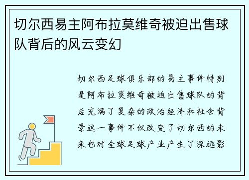 切尔西易主阿布拉莫维奇被迫出售球队背后的风云变幻 切尔西易主阿布拉莫维奇被迫出售球队背后的风云变幻